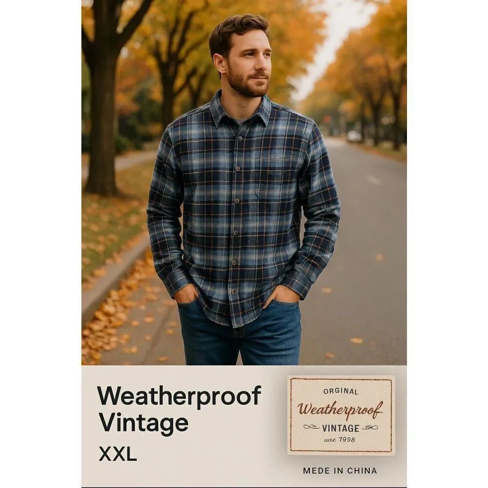 Weatherproof Vintage Men’s XXL Flannel Plaid Button-Down Shirt Navy Brown